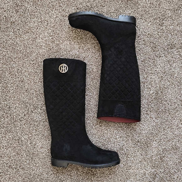 Tommy Hilfiger Babette Black Suede Quilted Rain Boot 9M - Picture 1 of 8